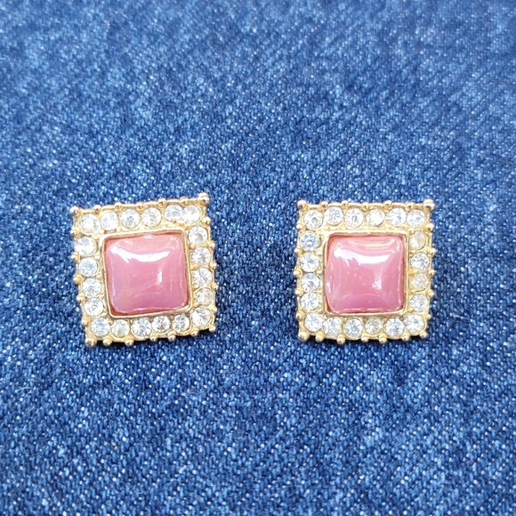 Vtg Pink Gemstone Crystal Square Earrings - Picture 5 of 8